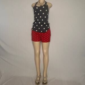 Women’s Medium Patriotic Star Print Racerback Tank Top Navy White Americana